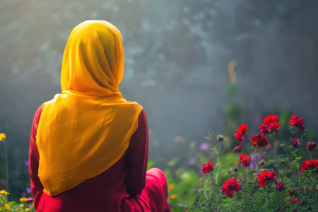 A woman wearing a yellow scarf enjoys a peaceful moment while surrounded by vibrant flowers at dawn.の写真素材