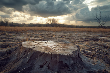 A tree stump rests on parched earth with a dark, cloudy sky above as the sun begins to set.の写真素材