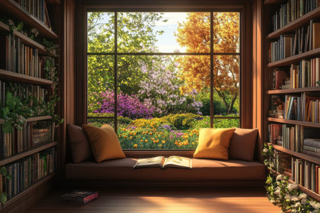 Sunlight filters through a window, illuminating a tranquil reading nook with books and colorful flowers outside.の写真素材