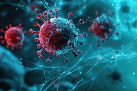 Colorful depiction of viruses highlighting their details and behavior in a laboratory setting during research.の写真素材