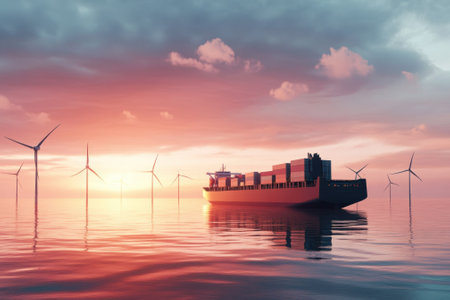A cargo ship sails through calm waters surrounded by wind turbines as the sun sets on the horizon.の写真素材