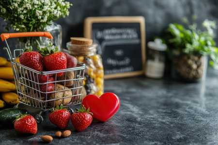 A small basket holds fresh strawberries alongside almonds and bananas in a cozy kitchen setting.の写真素材