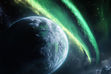 A distant planet is illuminated by bright green and yellow auroras in the night sky, creating a stunning cosmic view.の写真素材