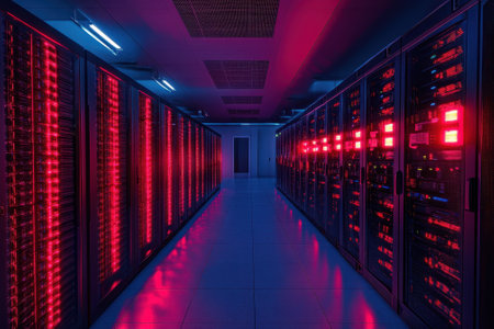 Rows of servers glow with red lights in a high-tech data center, emphasizing the technology behind data management.の写真素材