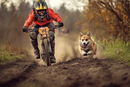 A cyclist in protective gear rides swiftly through a muddy path with a corgi playfully chasing behind.の素材
