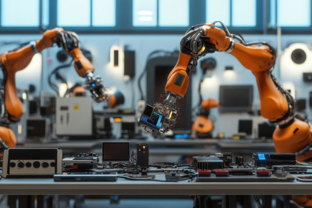 Robotic arms work efficiently to assemble various electronic components in a modern workspace.の写真素材