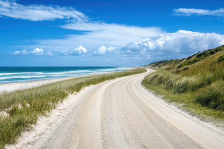 A winding sandy road runs parallel to a beautiful beach, bordered by green grass and a vibrant blue sky.の写真素材