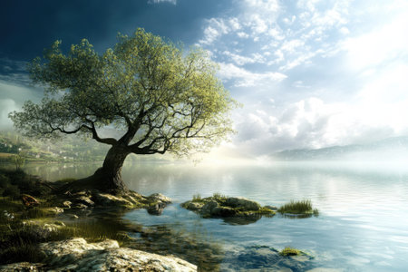 A tranquil lakeside view with a solitary tree reflecting on the water, surrounded by mist and clouds.の写真素材