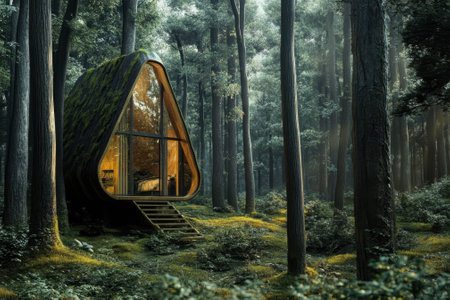 A modern triangular cabin stands in a lush green forest, surrounded by tall trees and soft morning light.の写真素材