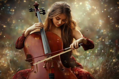A skilled cellist creates enchanting melodies while seated amidst tall grass, bathed in soft, golden light.の写真素材