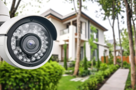 A security camera is positioned to oversee a contemporary house with a lush garden, ensuring safety.の写真素材