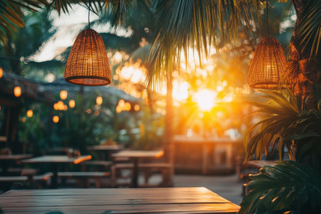 Warm sunlight filters through palm leaves, illuminating an inviting outdoor dining area at sunset.の写真素材