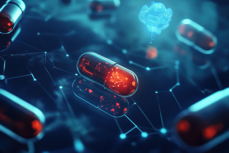 Capsules float in a modern digital landscape, representing advanced medical technology and innovation.の写真素材