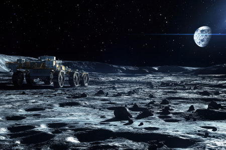 A lunar rover traverses the moon's rugged landscape while the Earth shines in the background.の写真素材