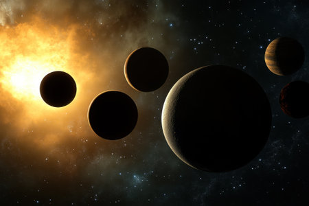 Five planets are positioned in a line, contrasting with a glowing star and deep space backdrop.の写真素材