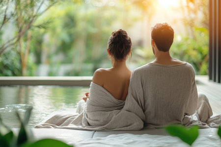 A couple enjoys a peaceful moment by the pool, surrounded by nature in the warm glow of sunset.の写真素材