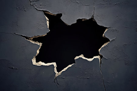 A large hole in a cracked wall exposes darkness, suggesting age and potential neglect in an urban area.の写真素材
