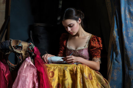 A focused young woman sews at a table surrounded by vibrant fabrics and clothing in a historical atmosphere.の素材