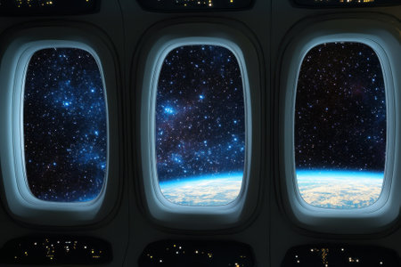 Stunning celestial views captured through spacecraft windows while orbiting Earth, showing stars and planets.の写真素材