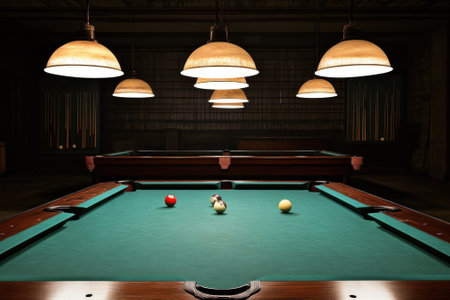 Three pool balls are positioned on a green billiard table under warm lamps in a dim room at night.の写真素材