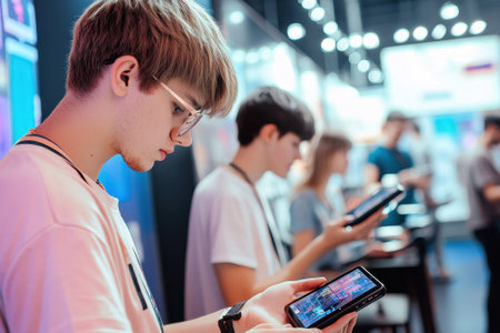 Two young individuals focus on their smartphones at a bustling technology trade show event.の写真素材