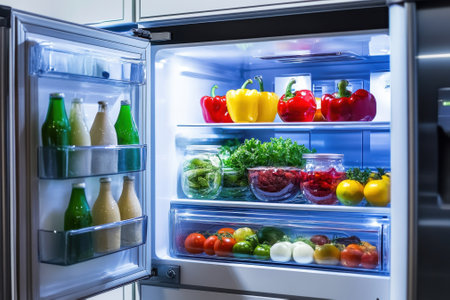 Fresh and colorful vegetables, fruits, and drinks are organized in a well-lit refrigerator in a kitchen.の写真素材