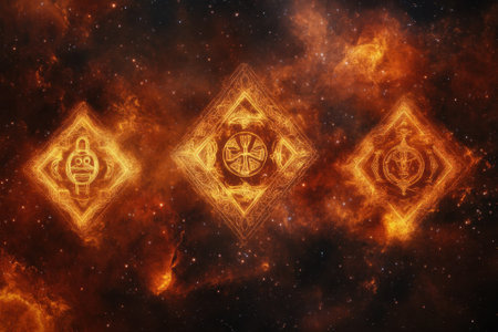 Three ornate symbols emanate a warm glow against a backdrop of swirling stars and cosmic colors.の写真素材