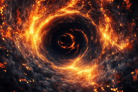 A dynamic representation of a fiery vortex spiraling into darkness, showing intense colors and swirling patterns.の写真素材