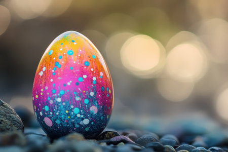 A colorful, artistic egg stands on smooth pebbles, capturing the light during a spring celebration.の写真素材