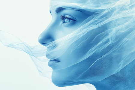 A woman gazes thoughtfully as delicate blue fabric swirls around her face in soft hues.の写真素材