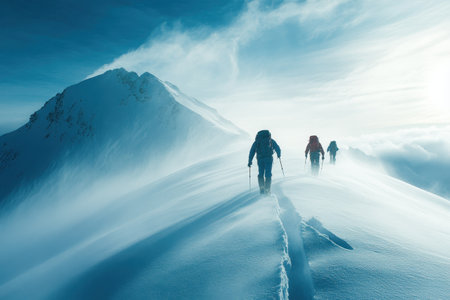 Three hikers navigate snowy terrain, climbing a mountain while strong winds blow snow around them.の写真素材