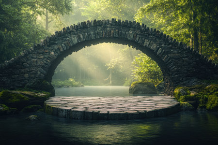 A stone bridge gracefully arches over calm waters in a vibrant forest, illuminated by gentle morning rays.の写真素材