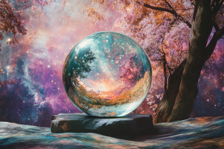 A crystal sphere rests on a rock, reflecting a vibrant cosmic landscape filled with stars and trees.の写真素材