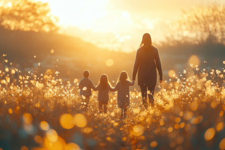 A mother strolls with her three children through a sunlit field filled with flowers during sunset.の写真素材