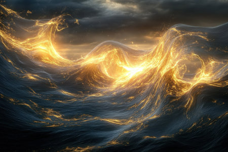 Waves crash fiercely against each other as the sun sets, casting a warm golden glow over the ocean surface.の写真素材