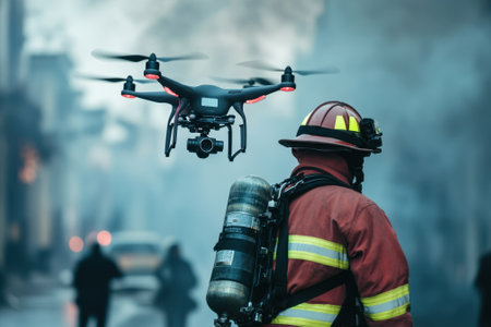 Firefighter stands amidst smoke while operating a drone to assess a fire scene in a city.の写真素材