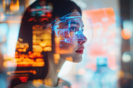 A woman gazes thoughtfully as a digital interface overlays her profile, showing advanced technology.の写真素材