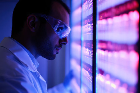 A scientist observes data visualizations on a digital screen, wearing protective eyewear in a lab.の写真素材