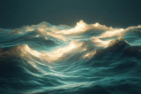 Ocean waves roll and crash softly under a warm glow, creating a tranquil and captivating ambiance at dusk.の写真素材