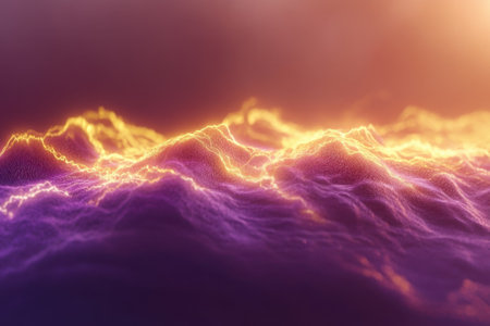 Colorful waves of purple and gold illuminate the atmosphere at sunset, creating a captivating landscape.の写真素材