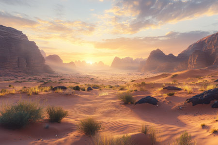 Golden sunlight illuminates the desert, casting shadows on dunes and highlighting rocky formations in the distance.の写真素材