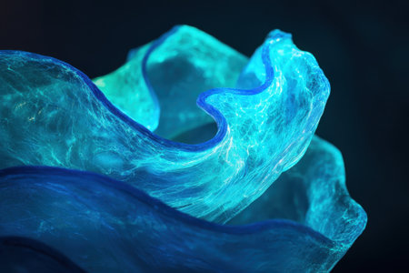A blue wave sculpture exhibits textured layers, glowing softly against a dark backdrop, showcasing artistic design.の写真素材
