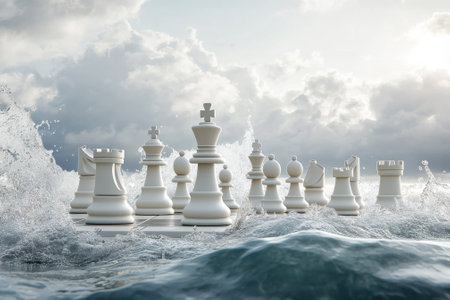 White chess pieces stand amidst powerful ocean waves, suggesting a clash between strategy and nature's force.の写真素材