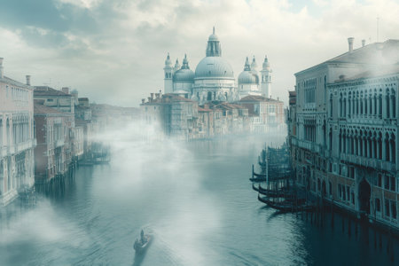 A tranquil morning showcases a foggy canal in Venice, highlighting the unique architecture and boats floating gently.の写真素材