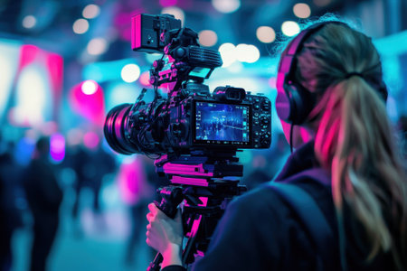A videographer captures an event using high-quality camera gear amidst colorful lighting and crowds.の写真素材