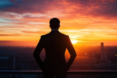 A businessman stands with hands on hips, gazing at a vibrant sunset illuminating the urban landscape.の写真素材