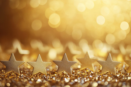 Golden stars sparkle brightly against a shimmering background, ideal for festive events and recognition.の写真素材