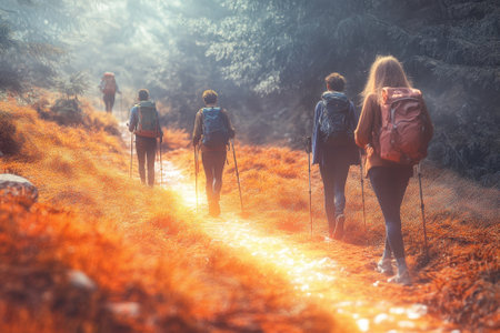 A group of five hikers explore a forest trail covered in orange foliage during early morning.の写真素材