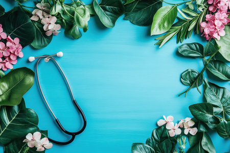 A stethoscope rests on a blue surface, surrounded by greenery and flowers, evoking a calming vibe.の写真素材