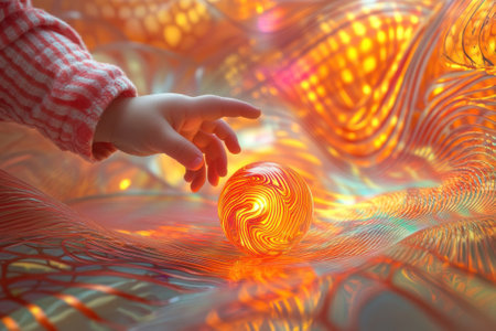 A young child's hand reaches out to touch a vibrant glowing orb on a textured, colorful surface.の写真素材